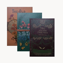Three books with decorative covers featuring floral designs and text on a white background