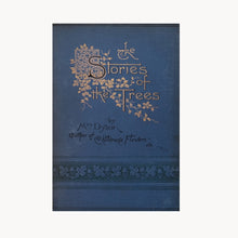 Blue book titled 'The Stories of the Trees' with decorative text and design on a white background