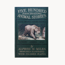 Book cover of 'Five Hundred Fascinating Animal Stories' with a leopard illustration on a green background