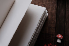 Open book on a wooden surface with a small mushroom decoration.