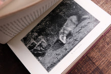 Open book with a black and white photograph of a fox on a wooden surface