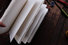 White paper sheets held by a hand on a wooden surface with art supplies.