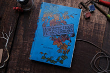 Blue book titled 'How Hettie Caught the Sunbeams' on a wooden surface with decorative items.