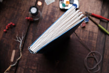 Open notebook on a wooden surface with various items around