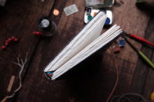 Folded paper on a wooden surface with stationery items