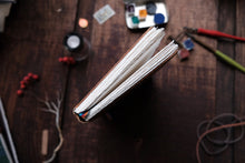 Open notebook on a wooden surface with art supplies around