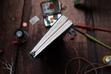 Open notebook on a wooden surface with art supplies around