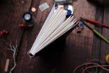 Open notebook on a wooden surface with various small objects around