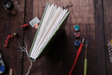 Open notebook on a wooden surface with art supplies around