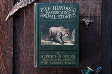 Book titled 'Five Hundred Fascinating Animal Stories' by Alfred H. Miles on a wooden surface with decorative elements.