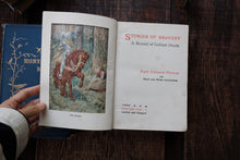 Open book titled 'Stories of Bravery' with illustrations on a wooden surface
