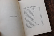 Table of contents page of an open book on a wooden surface