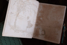 An open vintage-style notebook or journal with aged, sepia-toned pages. The left page shows a faint line drawing of a tree and a standing figure, while the right page is blank with a distressed, browned texture.