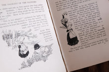 An open vintage book showing two printed pages with black text and black-and-white line drawings, photographed from above on a dark surface.