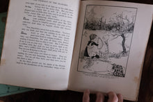An open vintage book showing printed text on one page and a black-and-white illustration of a woman carrying a basket on the other